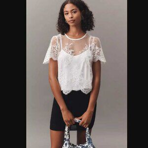 New M By Anthropologie Short-sleeve sheer white lace top